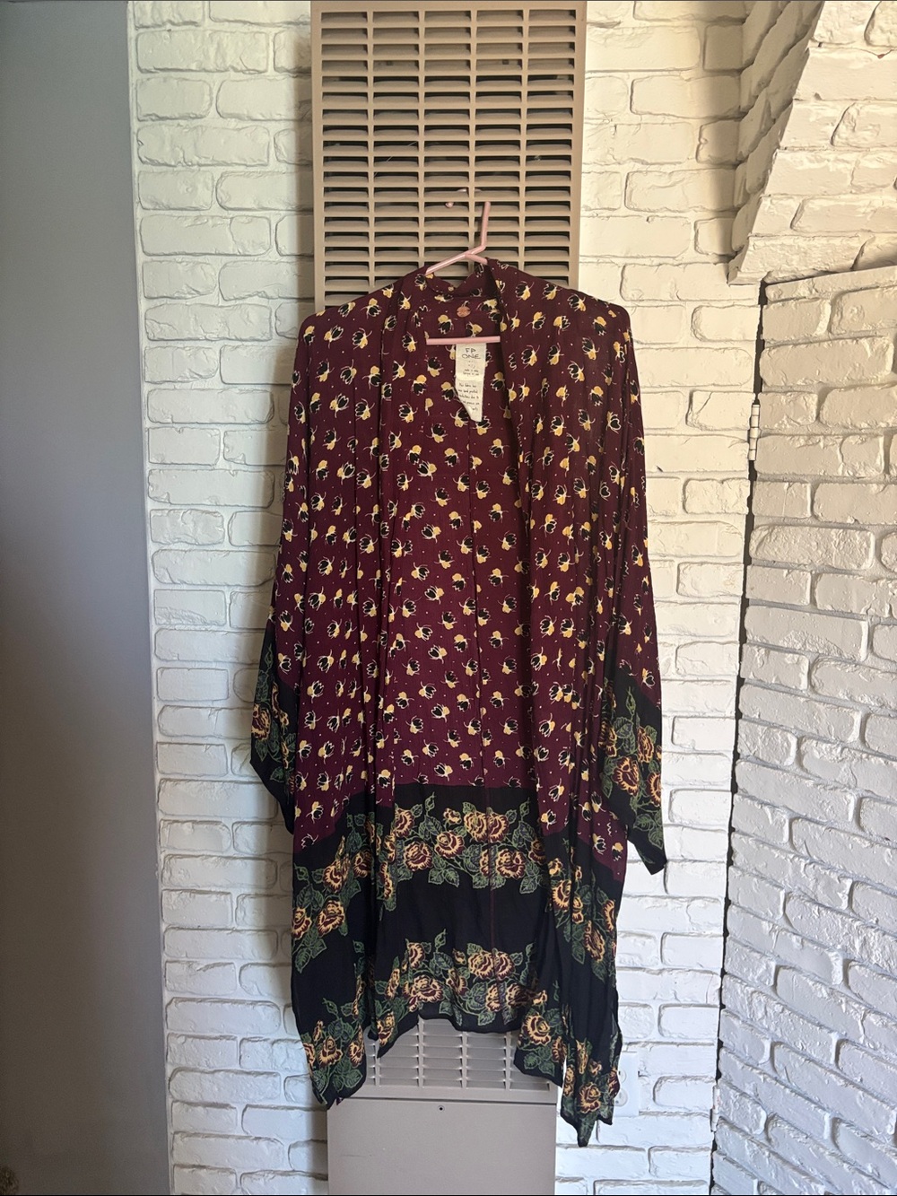 Free People Burgundy Floral Kimono Cardigan with Black Border